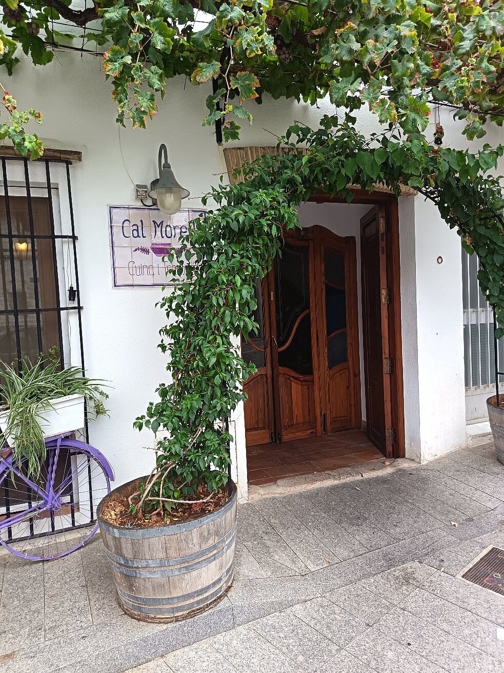 Façana de Cal Morell a Orbeta, amb una parra sobre la porta i un bidó de fusta